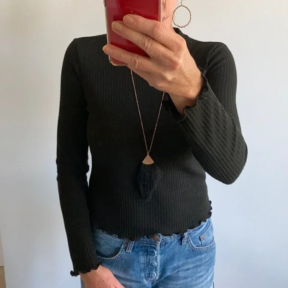 Black Cropped, Waffle Knit Top - Picture 2 of 11